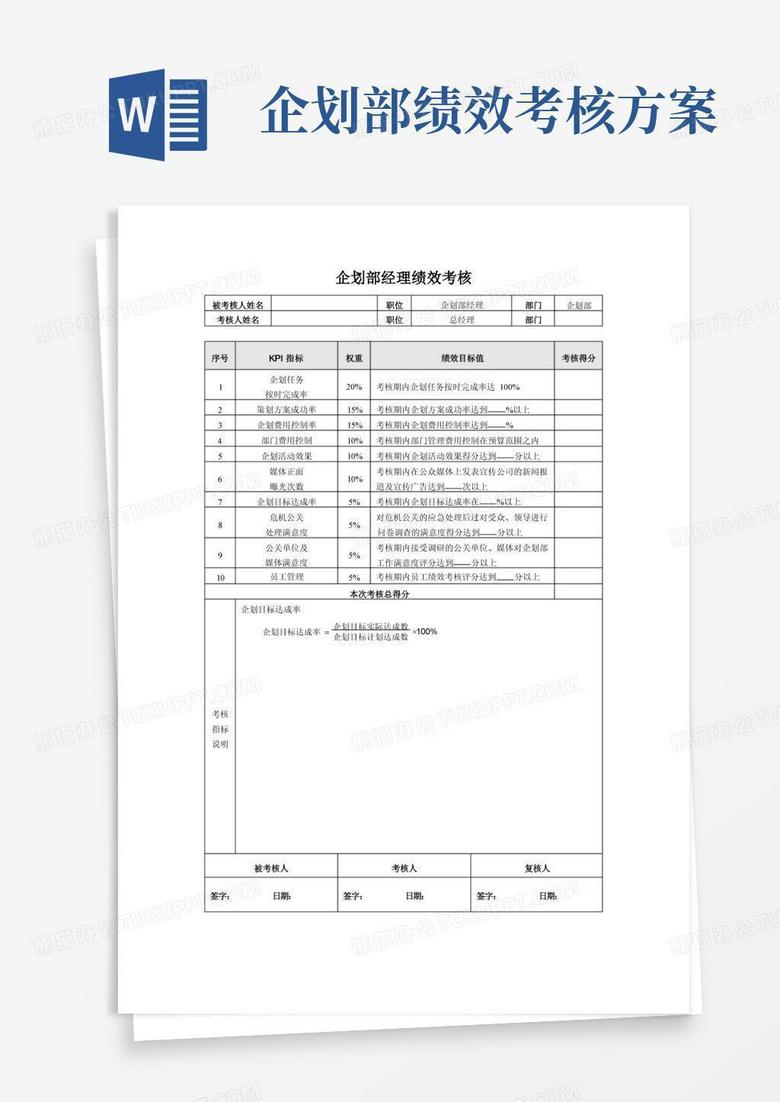 大气版企划部经理绩效考核
