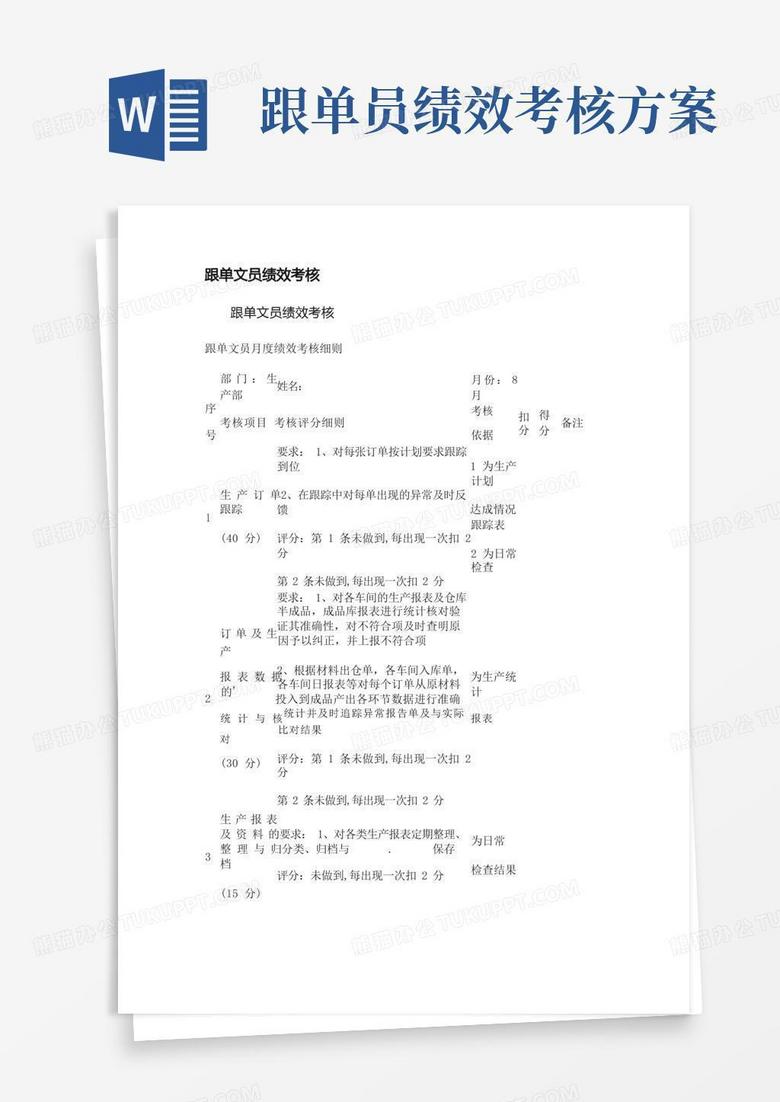 大气版跟单文员绩效考核