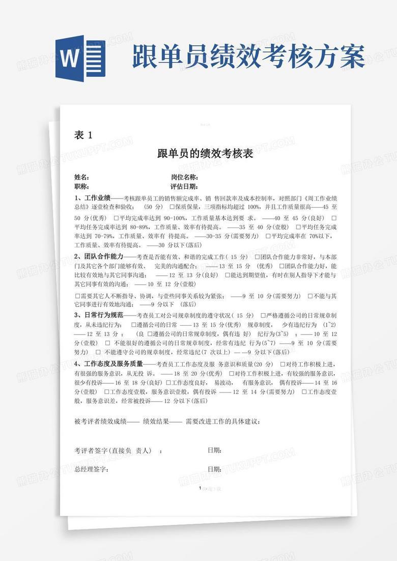 简洁的跟单员的绩效考核表