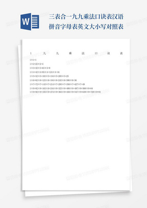 三表合一九九乘法口诀表汉语拼音字母表英文大小写对照表