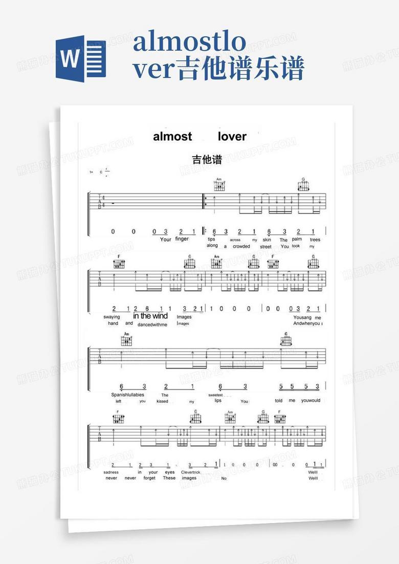 almostlover吉他谱乐谱Word模板下载_编号lzjzyvox_熊猫办公