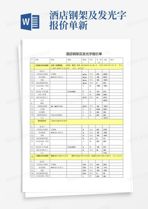 酒店钢架及发光字报价单新