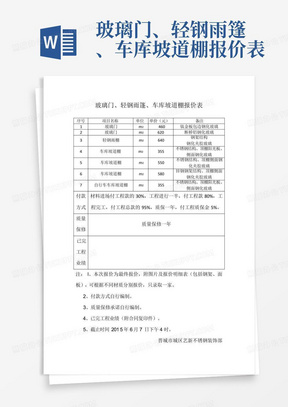 玻璃门、轻钢雨篷、车库坡道棚报价表