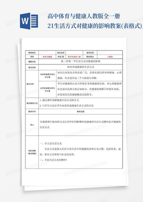 高中体育与健康人教版全一册21生活方式对健康的影响教案(表格式)_...