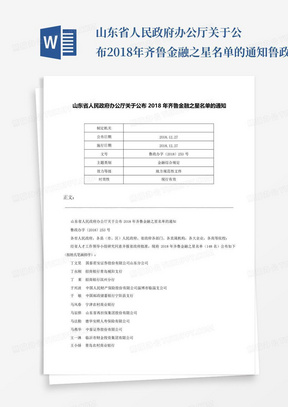 山东省人民政府办公厅关于公布2018年齐鲁金融之星名单的通知-鲁政办...