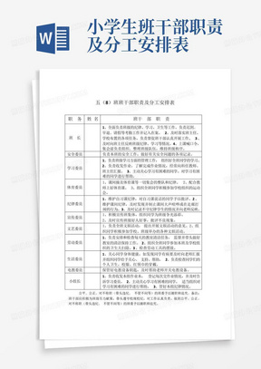 小学生班干部职责及分工安排表