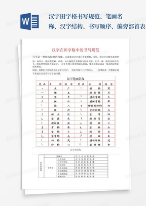 汉字田字格书写规范、笔画名称、汉字结构、书写顺序、偏旁部首表、笔顺