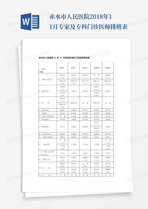 赤水市人民医院2018年11月专家及专科门诊医师排班表