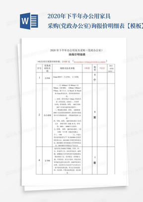 2020年下半年办公用家具采购(党政办公室)询报价明细表【模板】