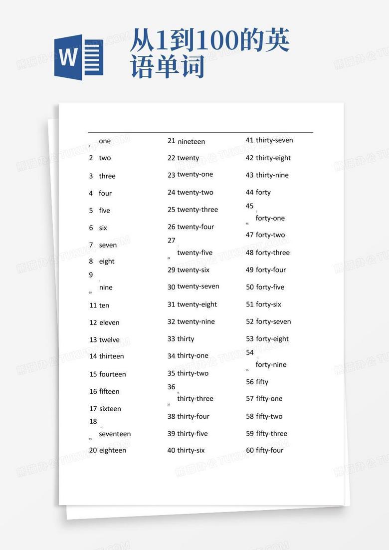 从1到100的英语单词Word模板下载_编号lekwygoj_熊猫办公
