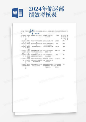 2024年储运部绩效考核表

考核项目	评价类别	绩效指标	指标说明（定义、范围）	评分规则（计算方法、计分标准）	目标值	实际值	权重赋分分值	考核得分	备注说明

2、重点任务以战略解码分解下来的个人工作计划为依据；综合评价由上级根据员工日常工作态度基于关键事件法评估，权重最多5%；
3、红线管理根据公司相关规章制度中明确列明的不可触碰的底线（尚未触及解除劳动关系）行为标准为准；附加加分奖励有重大贡献的员工，须经绩效委员会审议。