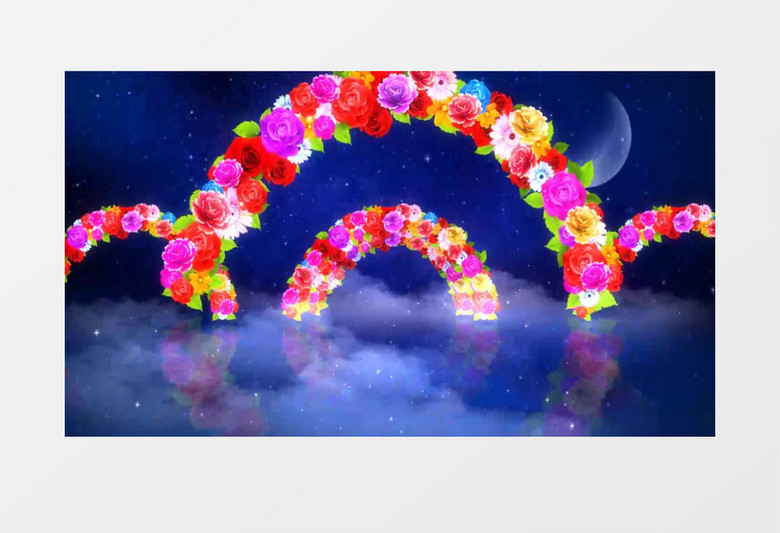 幸福花拱门夜色星空弯月流云浪漫有音乐背景视频素材