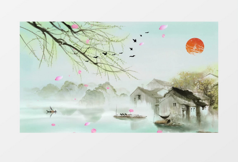 唯美春日水乡中国风水墨画背景ae模板
