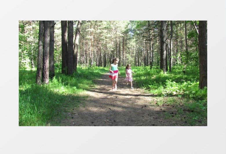 两个小女孩在树林的小路上奔跑实拍视频素材