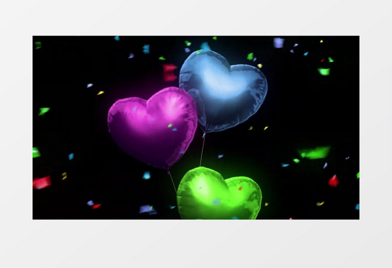 紫色蓝色绿色三个爱心气球慢慢飘起动态视频