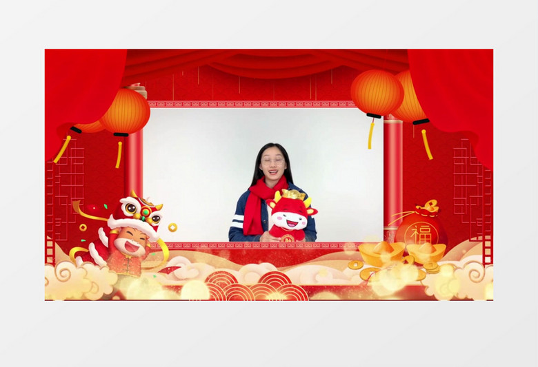 红色新年框架拜年动态祝福边框AE视频模板