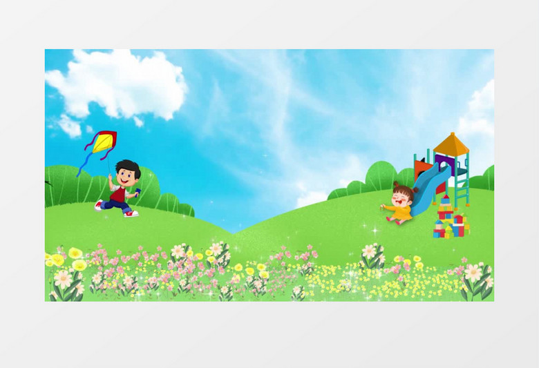 儿童卡通草地花朵蓝天白云背景视频
