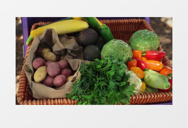 各类水果和蔬菜整齐的摆放在菜篮里实拍视频素材