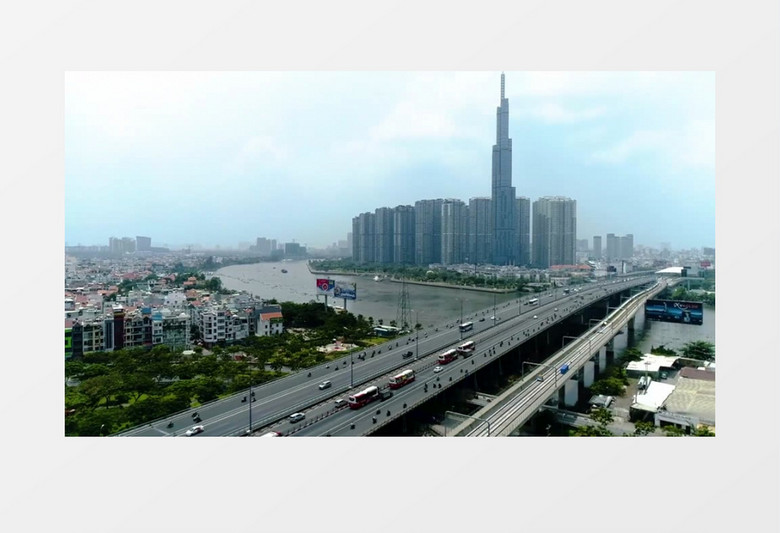 航拍城市景观和高架桥上的车流状况实拍视频素材
