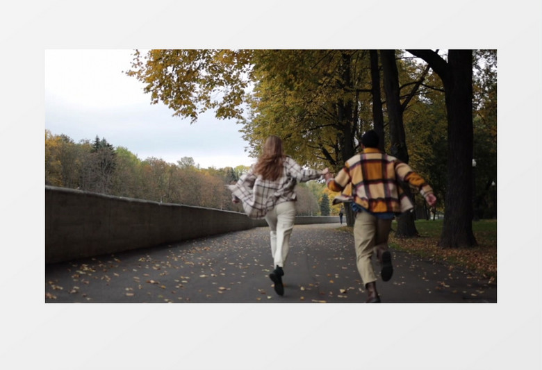 一对情侣牵手跑过撒上落叶的道路实拍视频素材