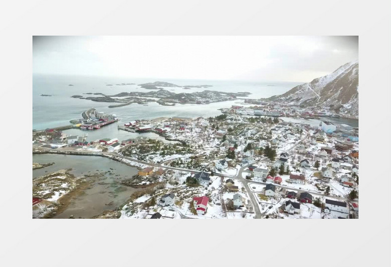 实拍被雪覆盖的海边小镇实拍视频素材