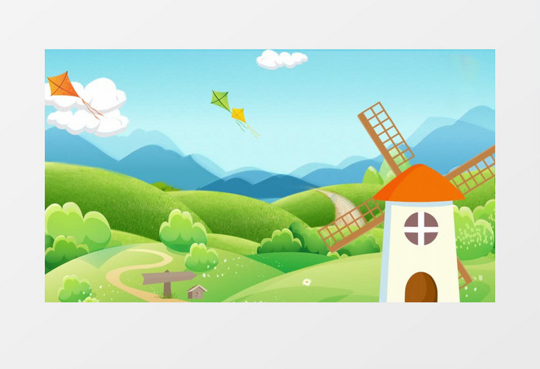 卡通绿地风车风筝背景视频（有音乐）