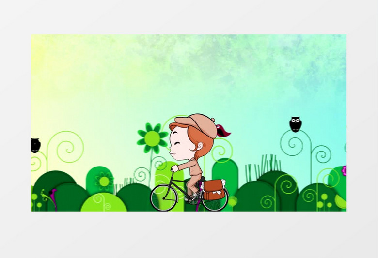 小孩骑单车上学校卡通儿童背景视频（有音乐）
