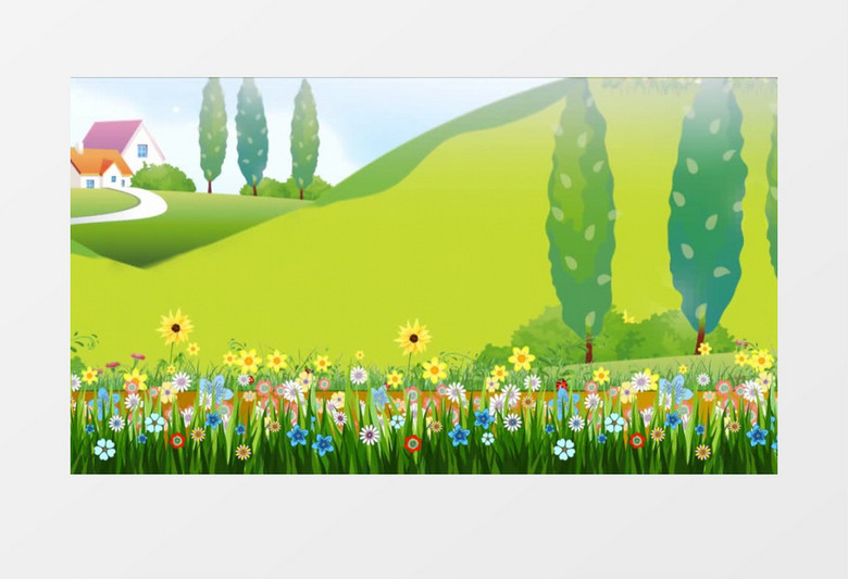 山丘房子树卡通背景视频（有音乐）