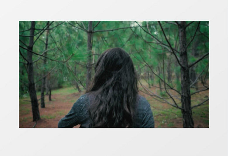  黑色卷发女子在松树林游走实拍视频素材