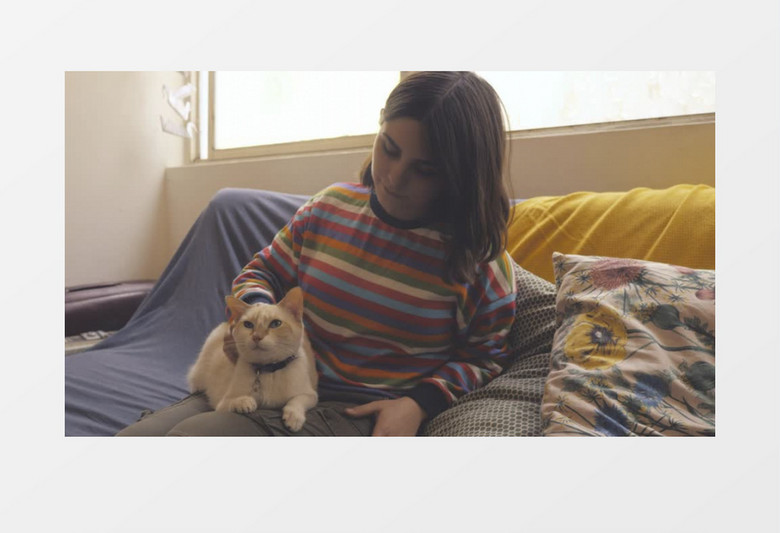 漂亮女孩在沙发上抚摸宠物猫实拍视频素材