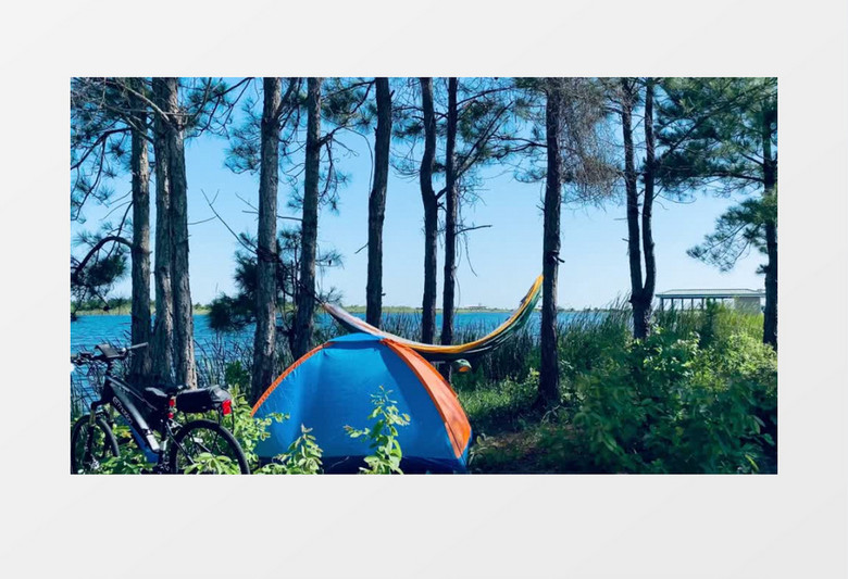 湖边搭起的帐篷和吊床实拍视频素材