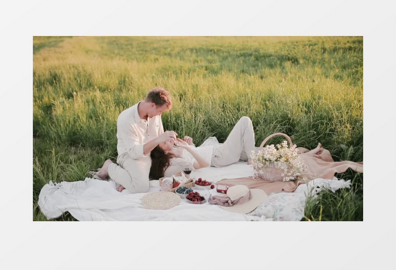 郊外野餐的男人在亲吻自己的爱人实拍视频素材