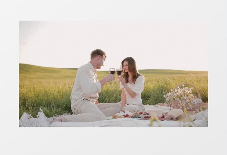 一对情侣在草地上喝红酒实拍视频素材