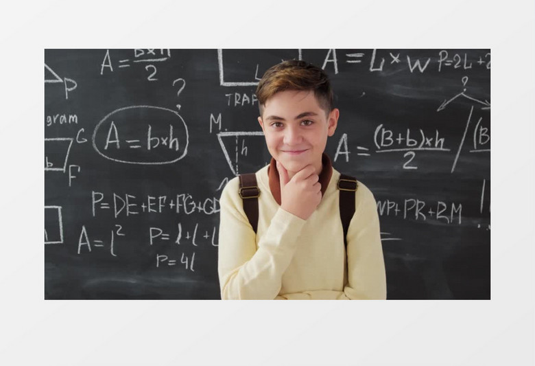 一个男学生站在几何函数的黑板前实拍视频素材