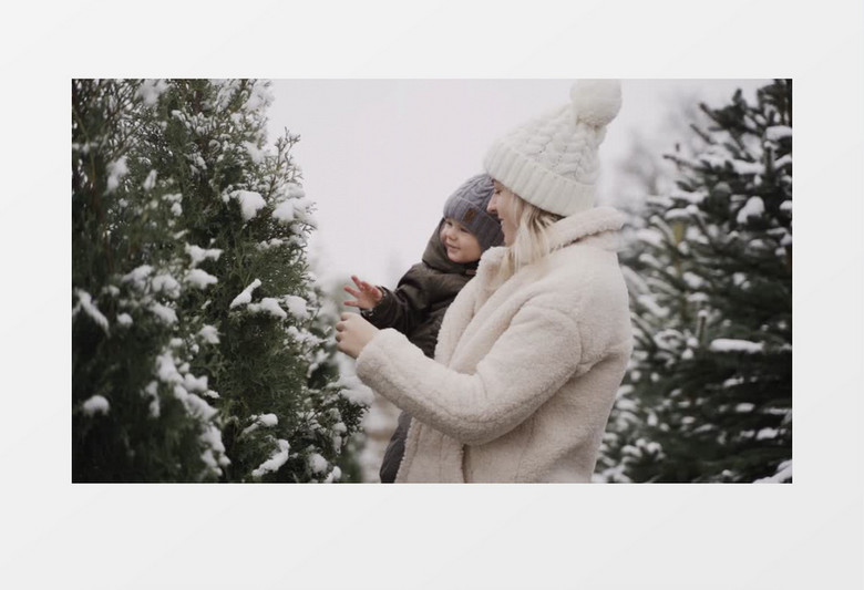 妈妈抱着宝宝在树前玩雪实拍视频素材