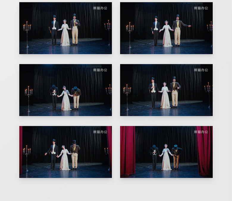 表演结束三个演员手拉手鞠躬谢幕实拍视频素材