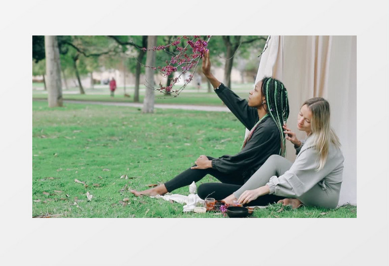 两个女人坐在公园的草地上赏花实拍视频素材