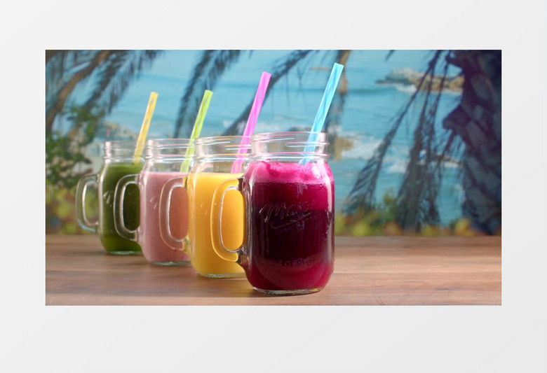 夏日海边四色瓶装果汁实拍视频素材