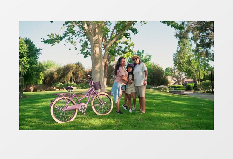 一家人站在公园的草地上准备拍照实拍视频素材