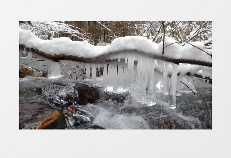 冬季潺潺的流水和树干上结的冰柱实拍视频素材