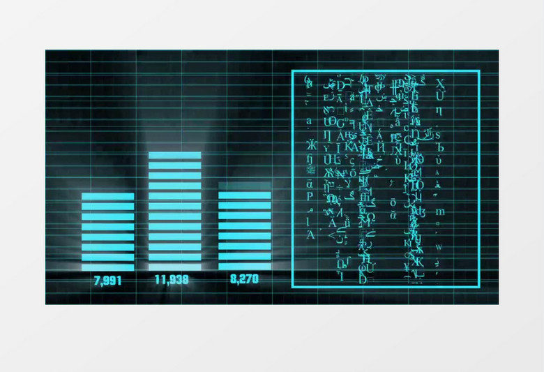 蓝色高科技感统计统闪现的字母数字不断变化动感条形图视频素材