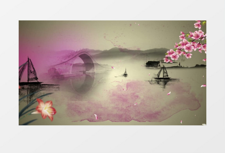 中国风小桥流水落花视频素材