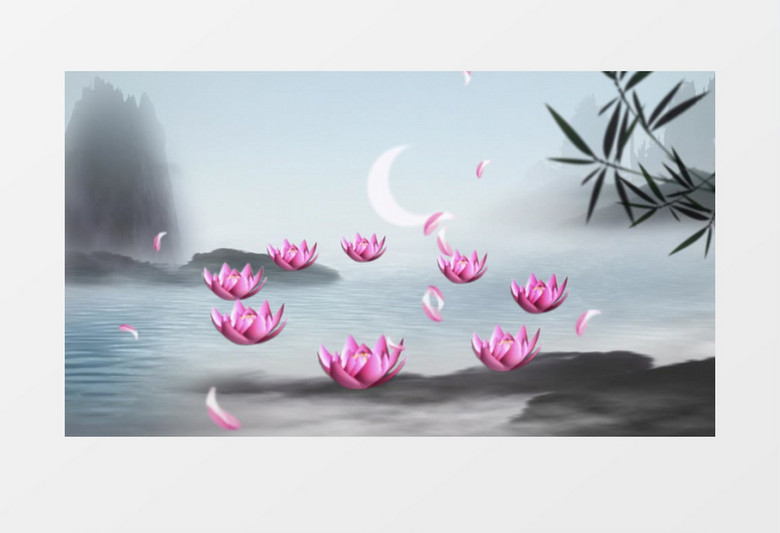 中国风水墨流水荷花视频素材