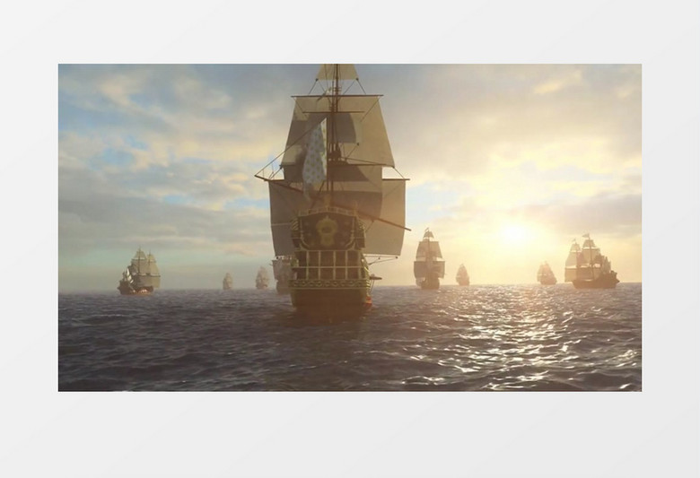 阳光明媚古代船队在波光粼粼的海面航行背景视频