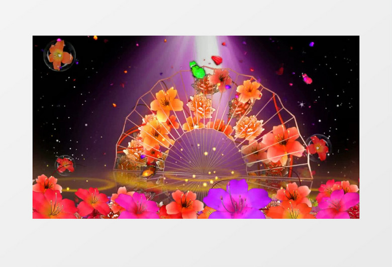 蝴蝶花瓣萤火虫围绕扇子飞舞的视频素材