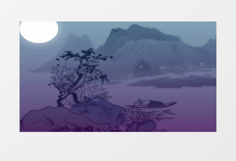 动画动态水墨画荷花池中秋背景视频素材