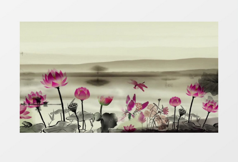 动画动态水墨荷花仙鹤飞背景视频素材