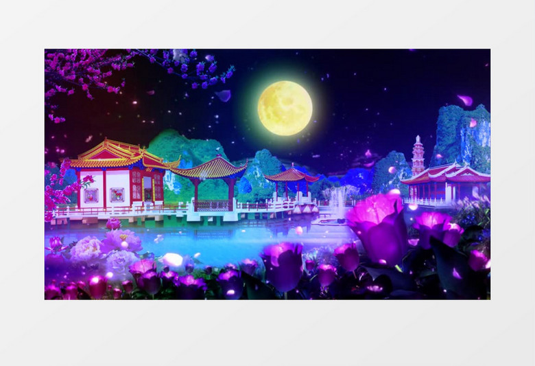 中国风唯美月色凉亭湖水背景视频