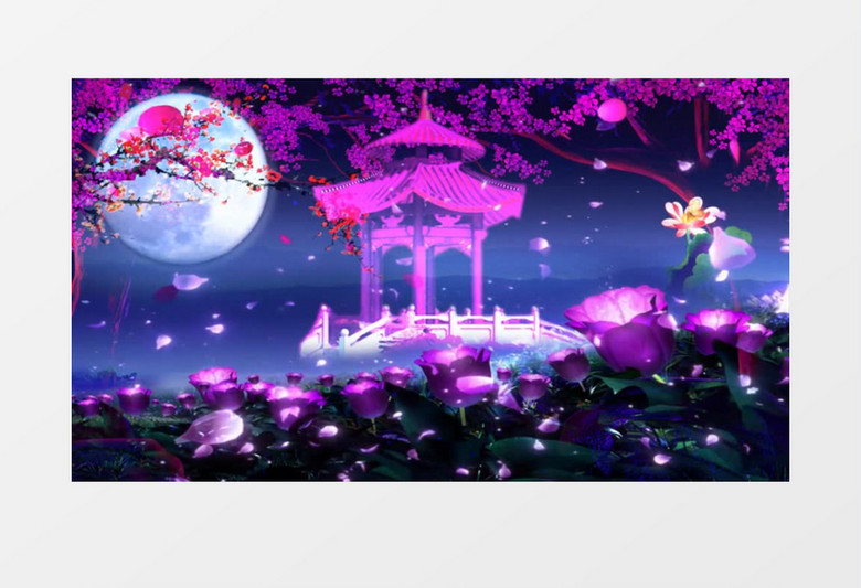 花瓣飘飞圆月凉亭(含音乐)背景视频