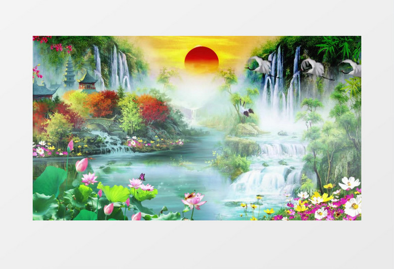 蝴蝶仙鹤荷塘景色背景视频素材